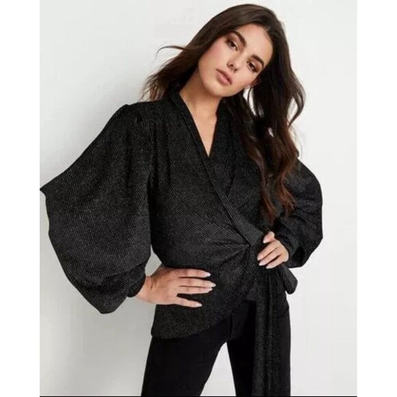 PatBO Size M Womens Long Sleeves Wrap Blouse Black Metallic New Without Tags - Picture 2 of 12